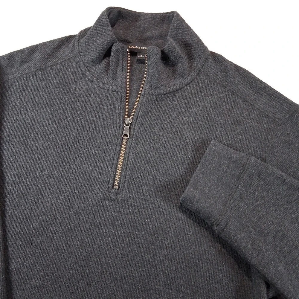 Banana Republic Quarter Zip Sweater Mens L Gray Casual Waffle Knit Pullover